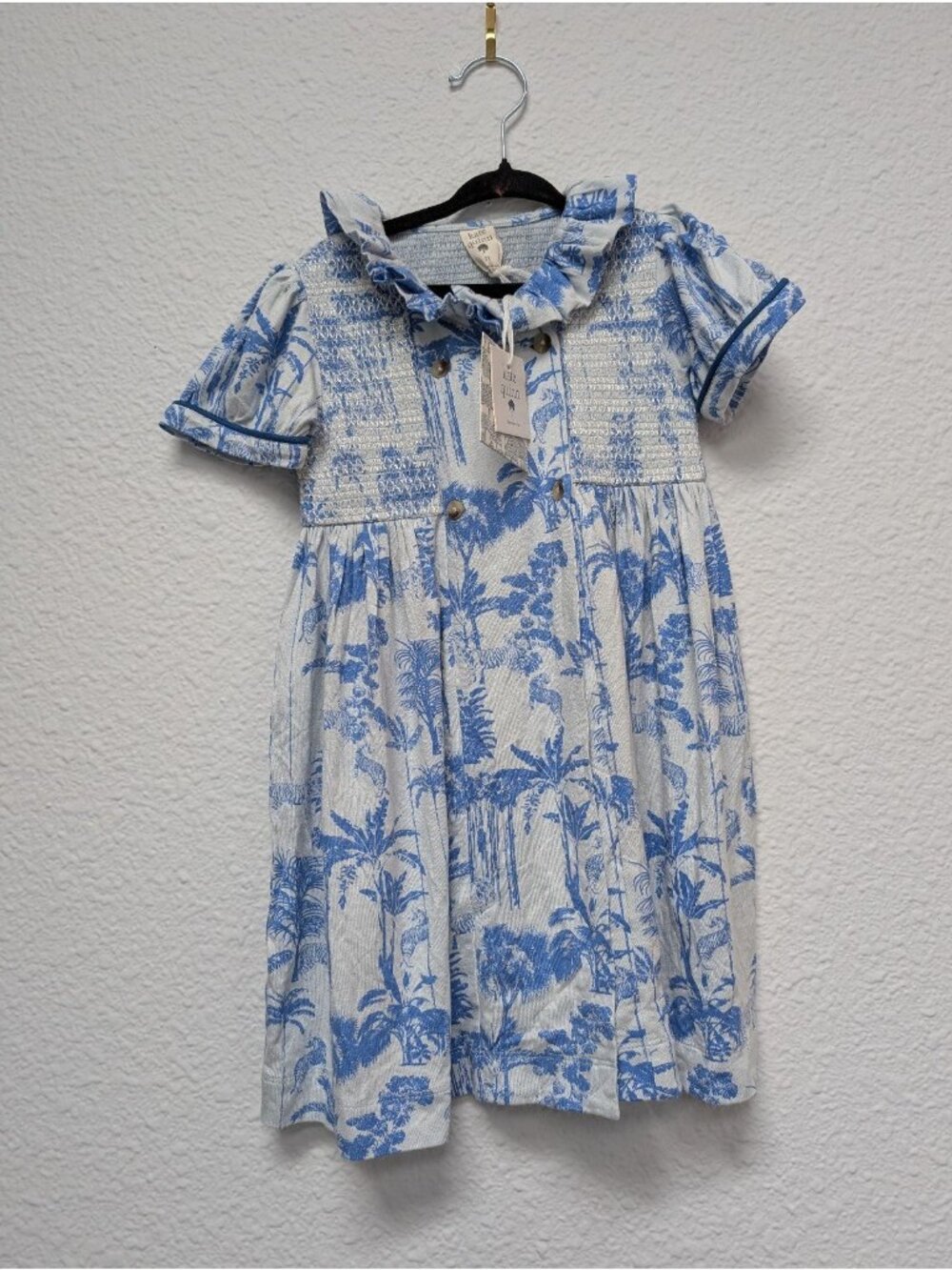 Kate Quinn Bamboo Blue Jungle Print Smocked Roo Dress 3T Design Sample